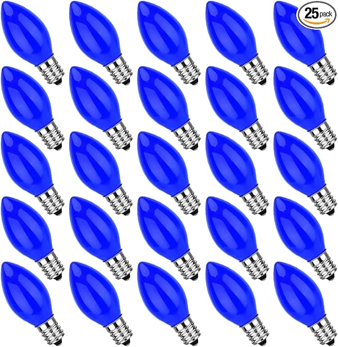 25 Pack C7 Ceramic Christmas Replacment Bulbs, Blue Light Bulbs for E12 Candelabra Base Outdoor/Indoor Christmas String Lights, 5 Watt