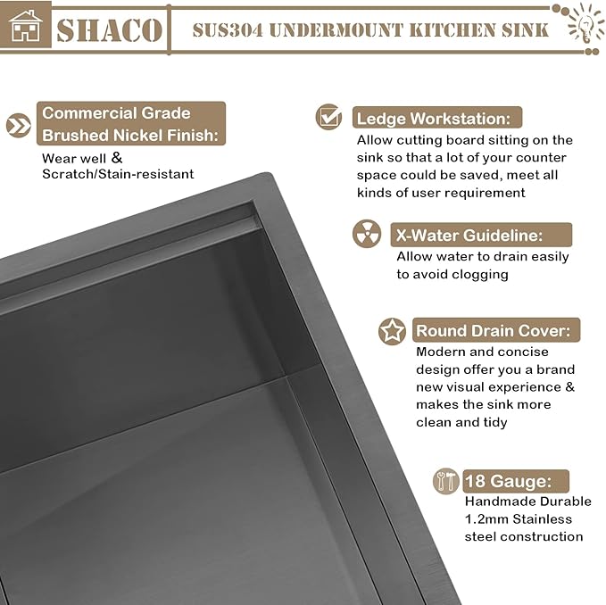 SHACO 15x19 Inch Black Undermount Bar Sink, Ledge Workstation Small Kitchen Sink, Black Stainless Steel RV Kitchen Single Bowl Wet Bar Prep Sink with Dish Grid & Drain & Cutting Board