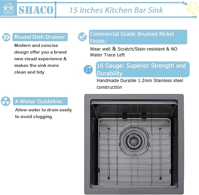 SHACO 15x15 Black Undermount Bar Sink, 15 Inch Gunmetal Black Single Bowl Kitchen Sink, Handmade Stainless Steel 16 Gauge Workstation Laundry Single Bowl with Accessories