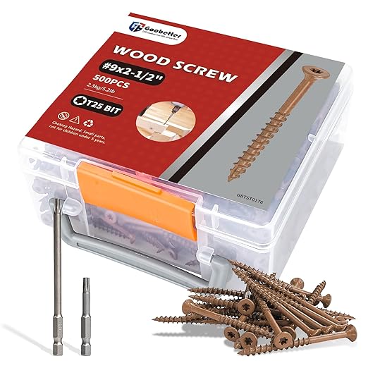 Deck Screws 2 1/2 inch, 500 Pcs Wood Screws #9 x 2-1/2", Rust Resistant, Construction Fence Exterior Screws, Torx Head Drive, 2 Pcs T25 Star Bits Included, Brown