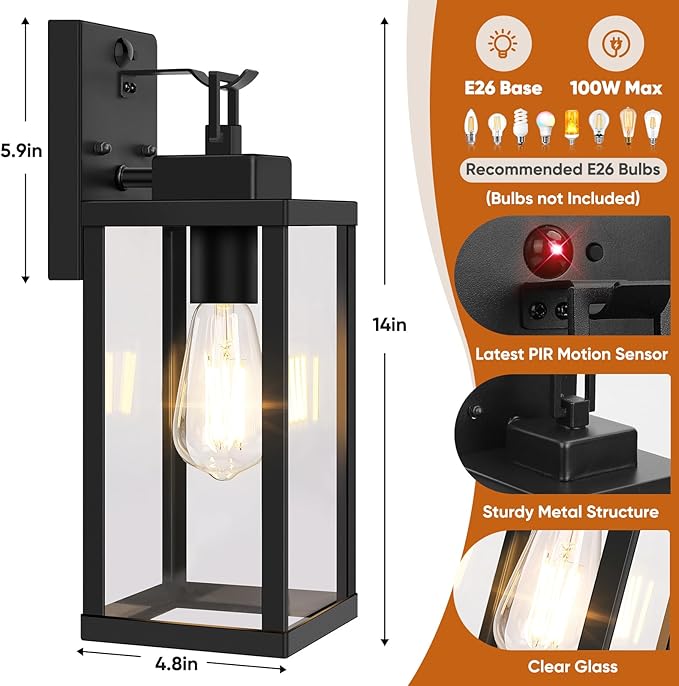 BesLowe 14” Upgraded Motion Sensor Outdoor Wall Lights, Dusk to Dawn Porch Lights Outdoor Wall Sconces, 3 Lighting Modes Exterior Lighting Fixtures with Hooks, Black Outside Lights for House, 2-Pack