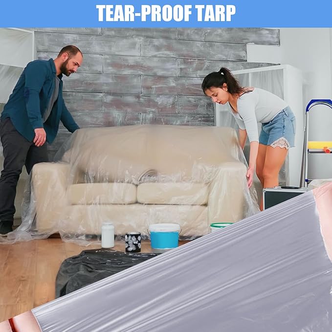5 Pieces Plastic Drop Sheets for Painting, Waterproof and Dust-Proof Clear Cloth for Furniture Cover, 9x12 Feet Tarps