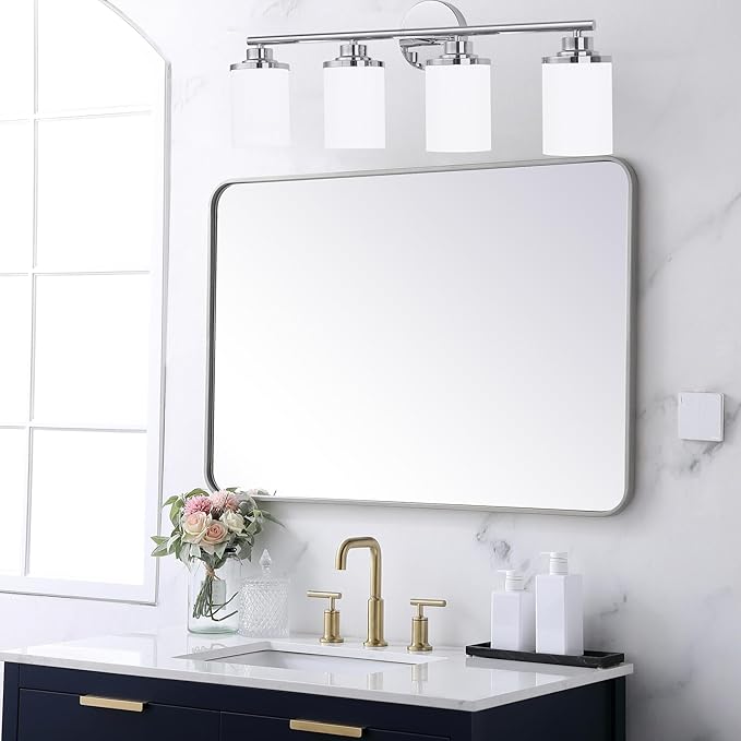 Chrome Bathroom Light Fixtures,4-Light Chrome Vanity Lights,Chrome Bathroom Lights Over Mirror,Mid-Century Modern Sconce with Frosted Glass