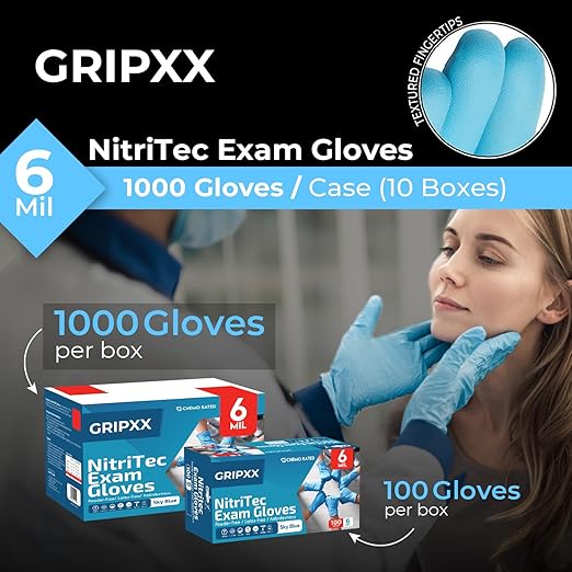Heavy Duty 6 Mil Blue Nitrile Gloves Disposable Latex & Powder Free -Extra Stretchy Fentanyl Safe |Medical,First Aid Kit,EMT|Food Safe Rubber Gloves for Cooking & Cleaning|Bulk Pack (1000)