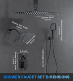 Shower Faucet Set, 10" Ceiling Mount Rainfall Shower System with 10'' Top Head+6'' Side Head and Multi-function Handheld Head Push Button Diverter Shower Faucet Trim Kit Matte Black