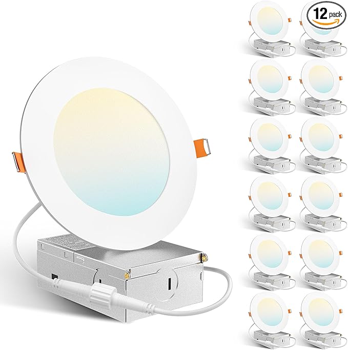 Amico 12 Pack 4 Inch 5CCT Ultra-Thin LED Recessed Dimmable Ceiling Light with Junction Box, 2700K/3000K/3500K/4000K/5000K Selectable, 10W Eqv 60W, 800Lumens, High Brightness Downlight - ETL&FCC
