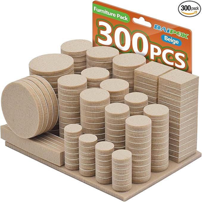 Furniture Pads 300 Pack Premium Furniture Felt Pads (Beige), Huge Quantity Self Adhesive Anti Scratch Floor Protector for Furniture Legs Hardwood with 60 Cabinet Door Bumpers