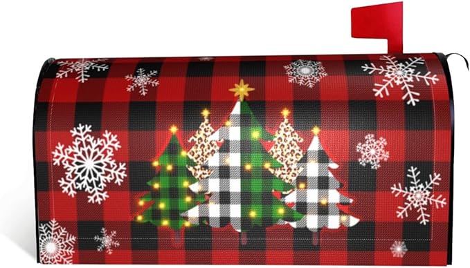 Giwawa Christmas Tree Mailbox Cover - Magnetic Red Black Buffalo Plaid - Large Winter Snowflakes - Oversized 25.5 x 21 - Happy New Year Post Letter Box Wrap