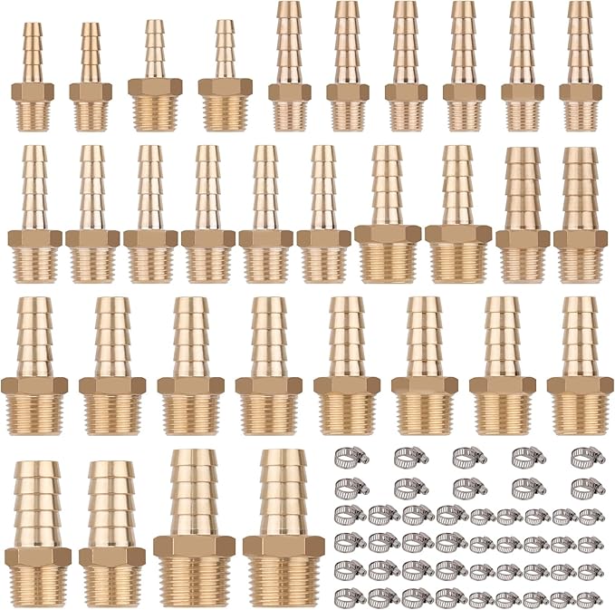 KOOTANS 32PCS Brass Hose Barb Fittings Barb to NPT Male Thread Adapter Kit 3/16" 1/4" 5/16" 3/8" 1/2" Barbed Air Hose Fittings with 46pcs Pipe Clamps for Water Fuel Air Line Connector Fitting