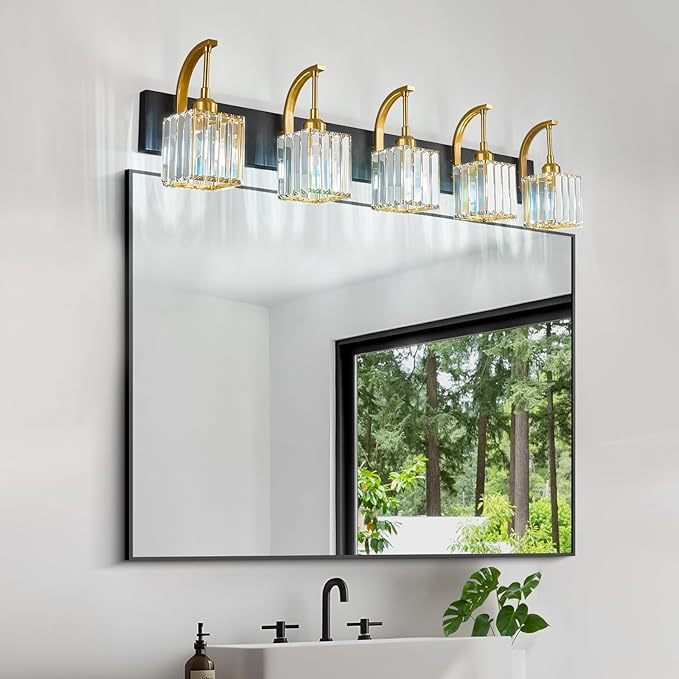 Crystal Vanity Lights 5-Light Black Gold Bathroom Vanity Lights Modern Crystal Bathroom Light Fixtures Over Mirror 42.51" Long Vanity Light for Bathroom