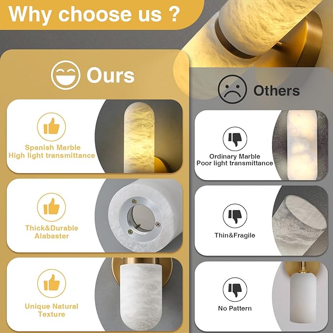 Alabaster Wall Sconces Set of Two, 13in Brass Alabaster Sconce, Modern Spanish Natural Marble Sconces Lights, Gold Sconces for Bathroom Vanity Bedroom Living Room Staircases Hallway