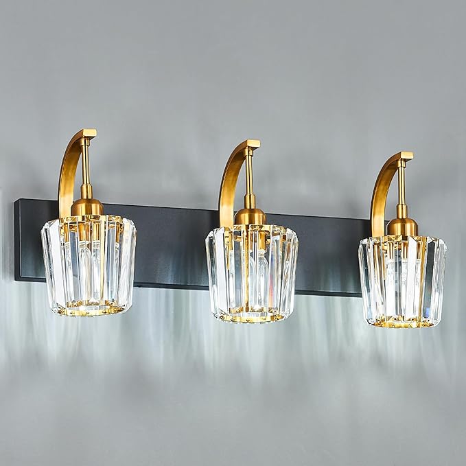 Modern Bathroom Vanity Light, 3-Light Black Gold Wall Sconce with Crystal Accents, Over Mirror Bathroom Lighting Fixture, 23.62" Long Dimmable Vanity Lamp for Makeup, Easy Installation
