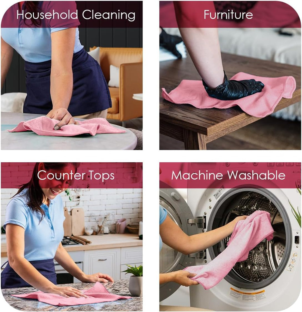 Avalon Towels Microfiber Cleaning Cloths (Value Pack of 36) Size 16" x 16", Highly Absorbent Cleaning Rags, Lint Free Cleaning Towels, Reusable and Washable, Microfiber Towels for Cars (Pink)