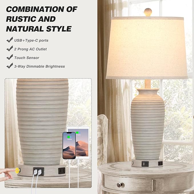 25" Farmhouse Jar Table Lamps Set of 2, 3 Way Touch Control Rustic Bedside Lamps with USB A+C Ports & AC Outlet, Pot Nightstand Lamps for Bedroom Living Room (LED Bulbs Included)