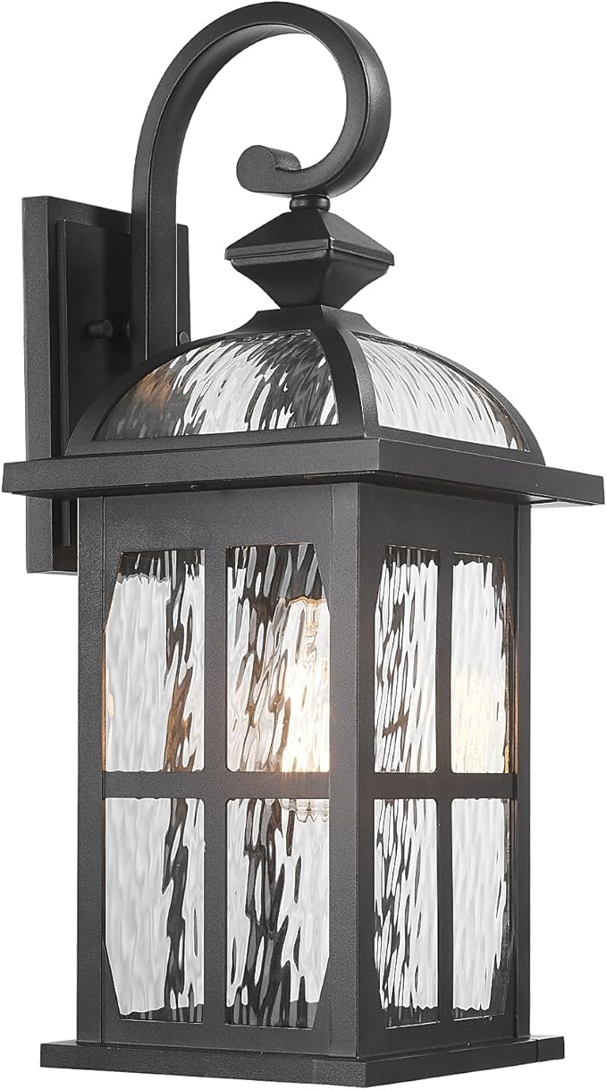 Outdoor Wall Laterns 15 Inch Height Outdoor Wall Light Fixtures Die-Cast Aluminum and Water Ripple Glass Black Finish Anti-Rust Outside Sconce Porch Lights for House Garage Doorway