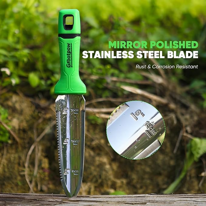 Grootpow GK01 Hori Hori Garden Knife, Full Tang Gardening Knife with 7.1" Stainless Steel Double-Edged Blade, Heavy Duty Gardening Hand Tool for Weeding and Gardening with Oxford Sheath - in Gift Box