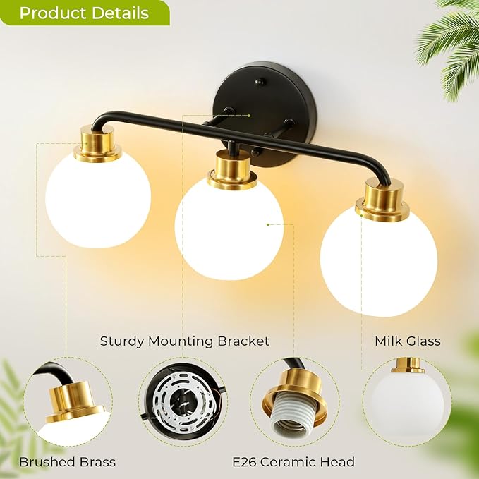 3 Light Bathroom Vanity Light, Black and Gold Bathroom Light Fixtures with Milk Glass Shade Modern Wall Sconces Lighting Bath Wall Lights Lamp for Mirror Kitchen Living Room Bedroom Hallway Cabinet