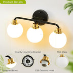 3 Light Bathroom Vanity Light, Black and Gold Bathroom Light Fixtures with Milk Glass Shade Modern Wall Sconces Lighting Bath Wall Lights Lamp for Mirror Kitchen Living Room Bedroom Hallway Cabinet