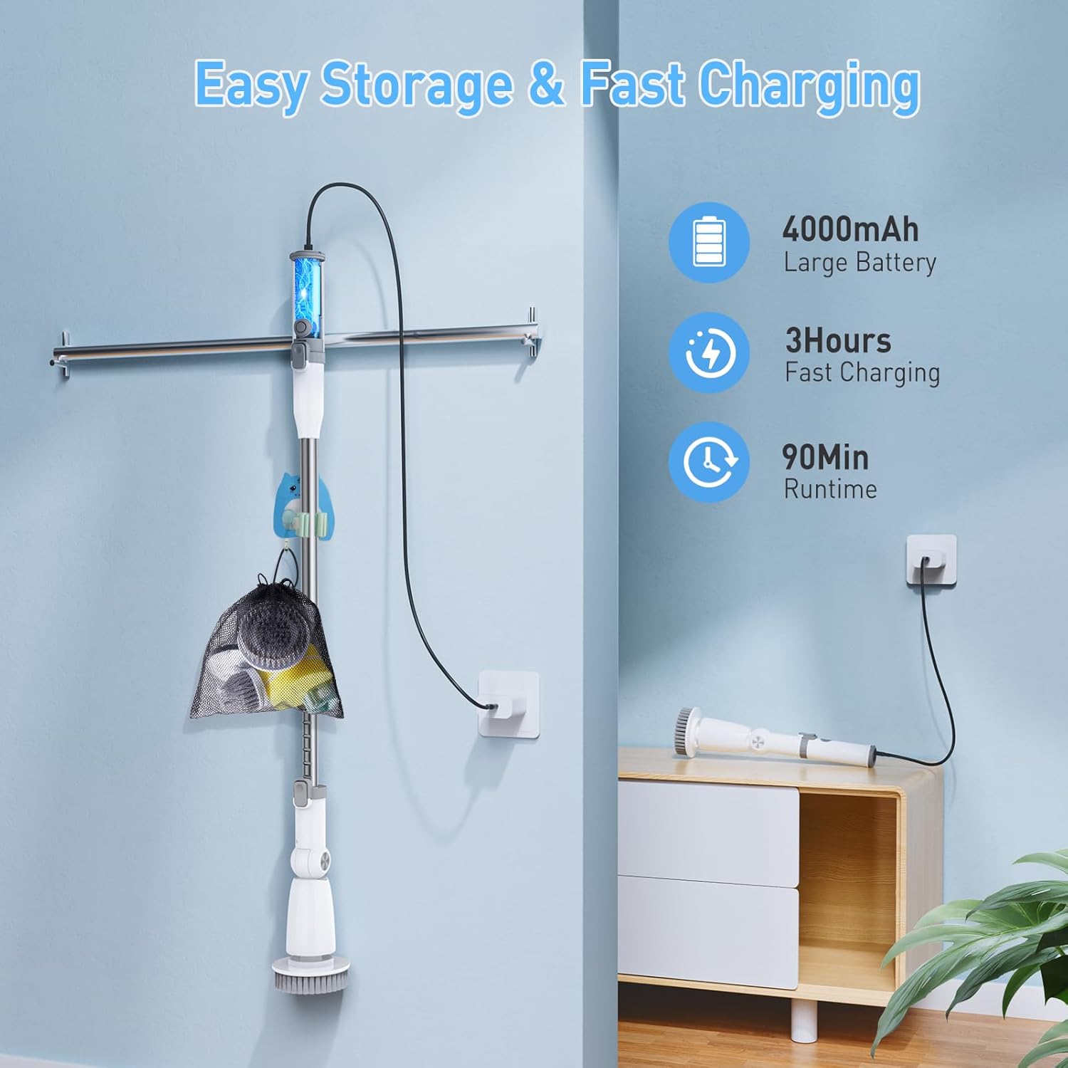 Marchpower Electric Spin Scrubber, Power Shower Scrubber Cordless Cleaning Brush 6 Replaceable Brush Heads, 2 Speeds, Adjustable Detachable Handle, IPX7 Waterproof Bathroom Scrubber Tub Tile Floor