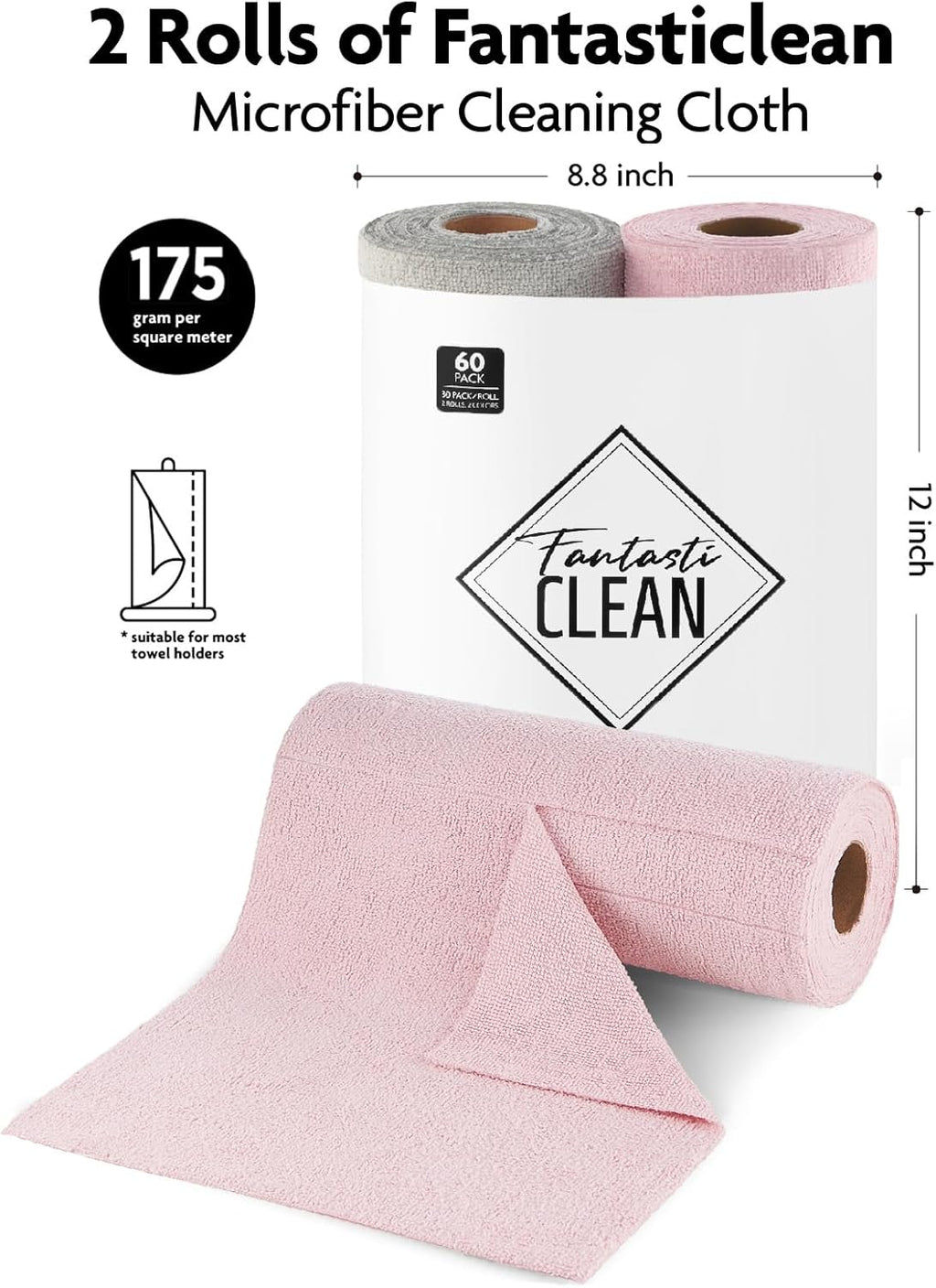 Fantasticlean Microfiber Cleaning Cloth Roll -60 Pack, Tear Away Microfiber Towels, 12" x 12", Reusable, Washable, Scratch Free, Ultra Absorbent Dishcloth for Car, Home Supplies (Pink & Grey)