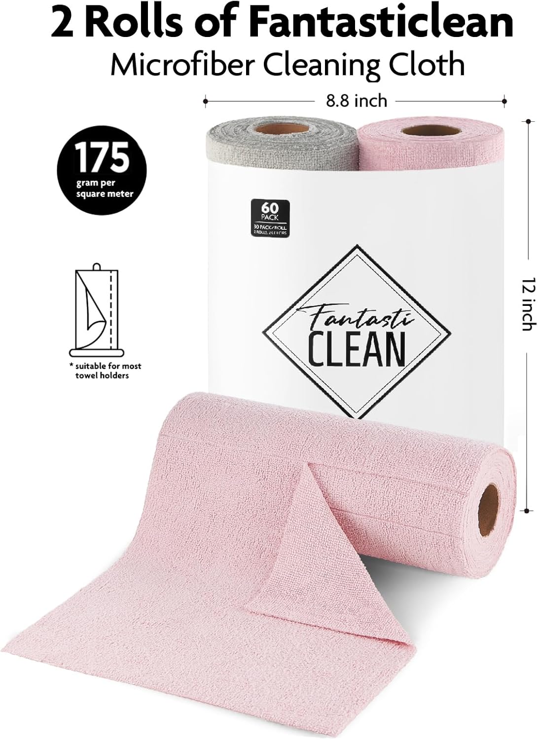 Fantasticlean Microfiber Cleaning Cloth Roll -60 Pack, Tear Away Microfiber Towels, 12" x 12", Reusable, Washable, Scratch Free, Ultra Absorbent Dishcloth for Car, Home Supplies (Pink & Grey)