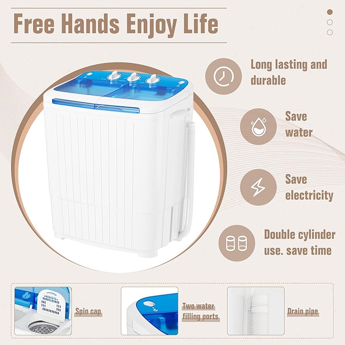 Bonusall Portable Washing Machine，16 lbs Mini Washer and Spin Dryer Combo, Built-in Gravity Drain,Compact Laundry Washer with Drain Pump & Timer Control for Apartments, Dorms, RVs- Blue