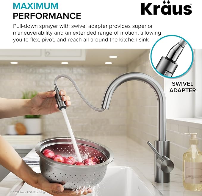 KRAUS Oletto Single Handle Pull Down Kitchen Faucet with QuickDock Top Mount Installation Assembly in Spot-Free Brushed Brass, KPF-2620BB