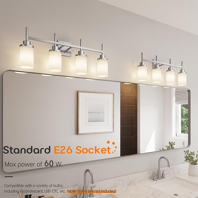 4-Light Vanity Lighting Fixtures with White Frosted Glass Shade, Brushed Nickel Bathroom Wall Lamps Over Mirror for Bath Restroom Kitchen T001BR-L4