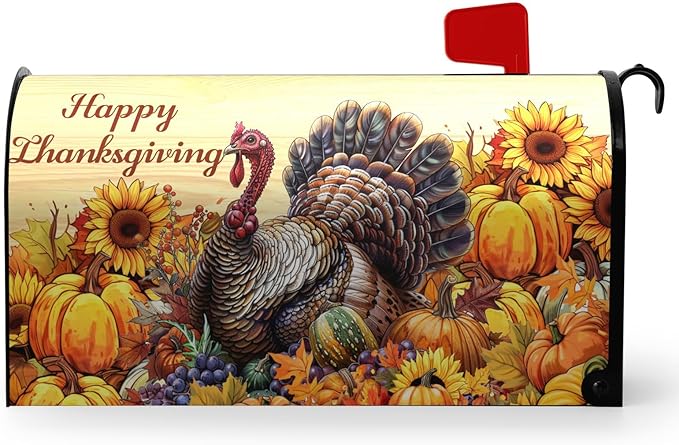Happy Thanksgiving Turkey Mailbox Covers Magnetic Large Size 25.5 x 21 Inch Fall Sunflower Pumpkin Mailbox Cover Thanksgiving Letter Box Post Wraps Outdoor Decorations for Garden Yard