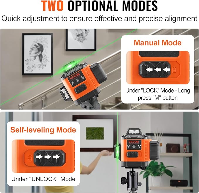 VEVOR 100ft Self Leveling Laser Level, Manual Green 3 x 360° Cross Line Laser, Manual Self-leveling Mode 12 Lines Laser, IP54 Waterproof 8h Continuous Working Time Line Laser