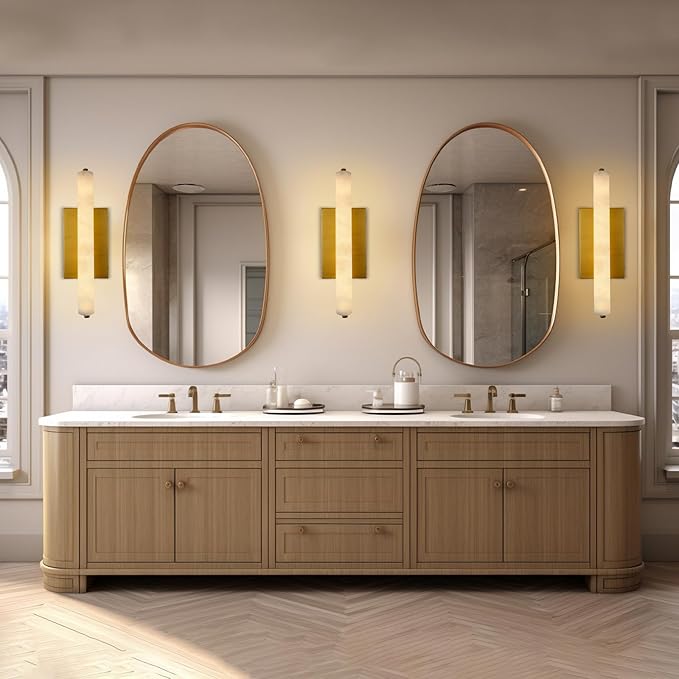 Alabaster Wall Sconces Set of Two, 15in Brass Alabaster Sconce, Modern Spanish Natural Marble Sconces Lights, Rectangle Gold Sconces for Bathroom Vanity Bedroom Living Room Staircases Hallway