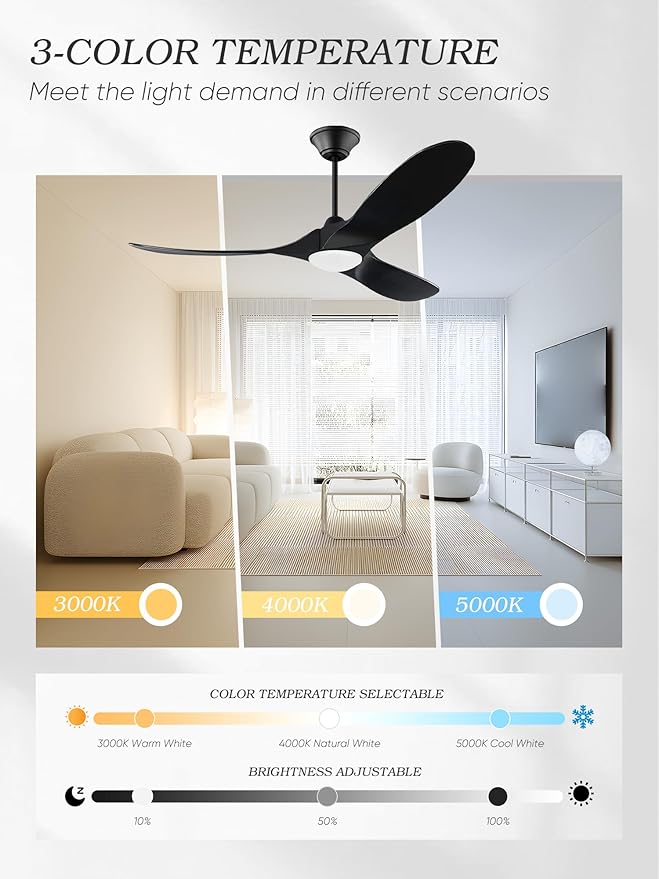 52 inch Black Ceiling Fan with Lights, Modern Propeller Ceiling Fan, Outdoor Black Solid Wood Ceiling Fans for Patio with Light, Reversible DC Motor High CFM for Porch, Exterior, Indoor