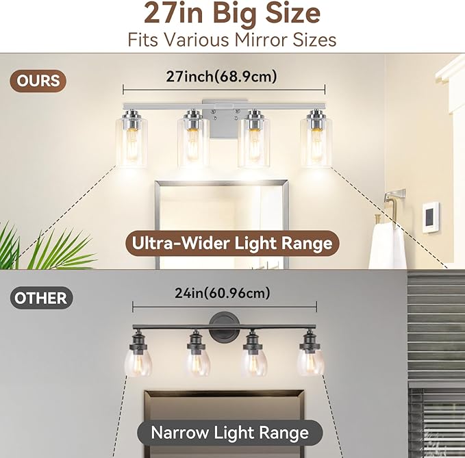 4-Light Bathroom Light Fixtures, 27" Modern Vanity Lights Over Mirror with Clear Glass Shades, Brushed Nickel Wall Sconce, Classic Wall Light Fixture for Mirror Living Room Cabinet Bedroom Porch