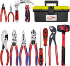 12-Piece Professional Tool Kit - Heavy Duty CRV Pliers Set, Rubber Mallet, Adjustable Wrench, Claw Hammer & Toolbox for Electrical, Household Repair, Automotive, Industries