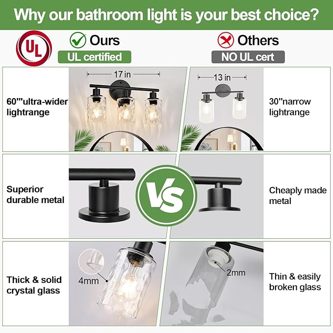 3-Light Bathroom Light Fixtures, Black Modern Vanity Lights with Clear Glass Shade, Bathroom Wall Lamp for Mirror Kitchen Living Room Hallway Cabinet Porch