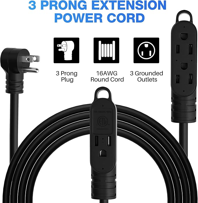 3 Prong Power Extension Cord with Multiple Outlets 6 FT, 16/3 Gauge Multi 3 Outlet Wire, 90 Degree Angled Male Plug, 16 AWG Grounded Wire (13A 125V 1625W), ETL Listed, Black Cable with 25 Cable Ties
