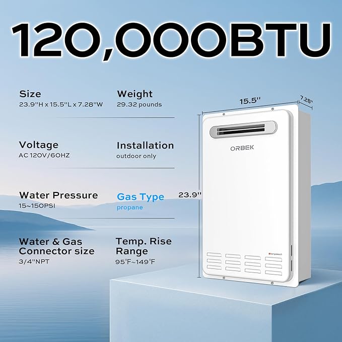 Propane Tankless Water Heater Outdoor - ORBEK 120,000 BTU Up to 5.1 GPM Outdoor Installation - CSA Certified On-Demand Instant hot Water Heater 3/4" NPT Connector Size