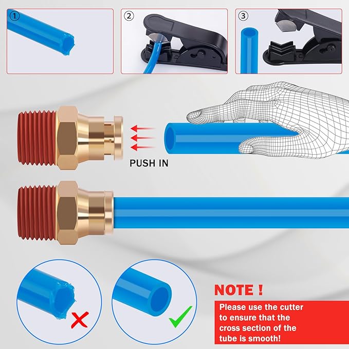 CheeMuii 76 PCS Brass DOT Air Line Fittings with 100FT 1/4" and 50FT 3/8" Blue DOT Air Lines Kit Push Lock Air Line Quick Connect Fittings with Pneumatic Tubing Set