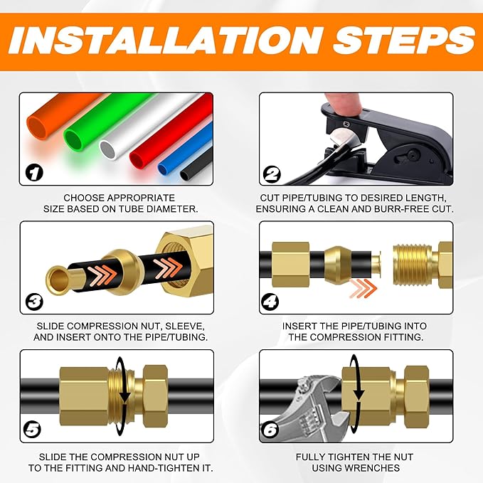 140PCS Compression Fittings Assortment kit - 1/4" of Brass Compression Sleeve Ferrule, Insert and Nuts,Used to Connect Lines for Air,Water,Fuel,Oil and Inert Gases
