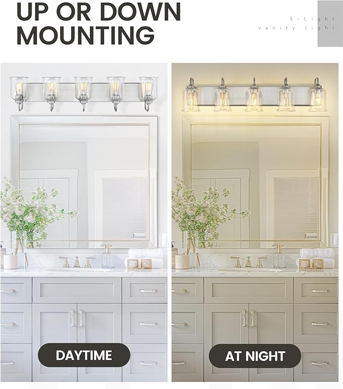 zeyu 36 Inch Farmhouse Modern Bathroom Lighting Fixture, 5-Light Bathroom Vanity Light, Brushed Nickel Finish with Clear Glass Shade, ZSL72B-5W BN