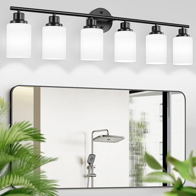 6-Light Bathroom Light Fixtures, Vanity Lights for Mirror with Textured Milky White Glass Shade, E26 Base Modern Kitchen Light Fixtures Wall Sconce Light - Black