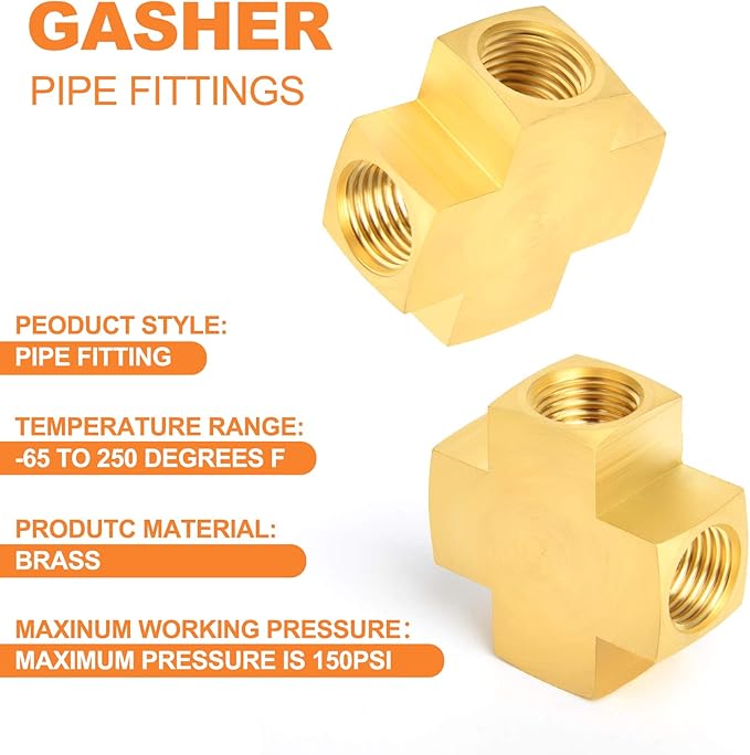 GASHER 3PCS Brass Pipe Fitting, Barstock 4 Way Cross, 1/4" x 1/4" x 1/4" x 1/4" NPT Female Pipe