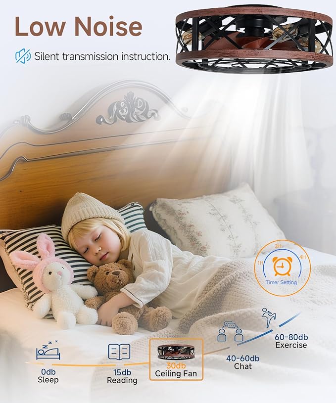 19'' Caged Ceiling Fans with Lights and Remote, Fandelier Ceiling Fan with Light, 6 Speeds and Reversible, Low Profile Ceiling Fan with Light for Bedroom, Living Room and Kitchen