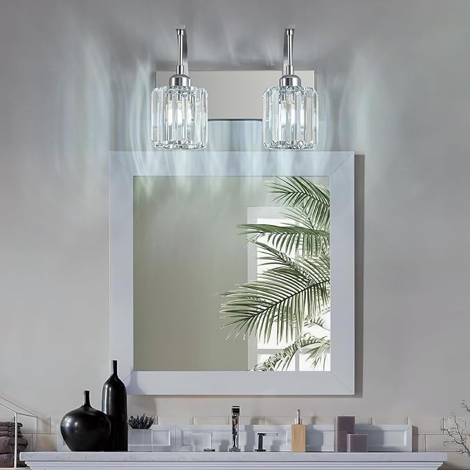 Bathroom Crystal Vanity Lights 2-Light Chrome Wall Lamp Modern Crystal Bathroom Light Fixtures Over Mirror 13.77" Long Wall Sconce