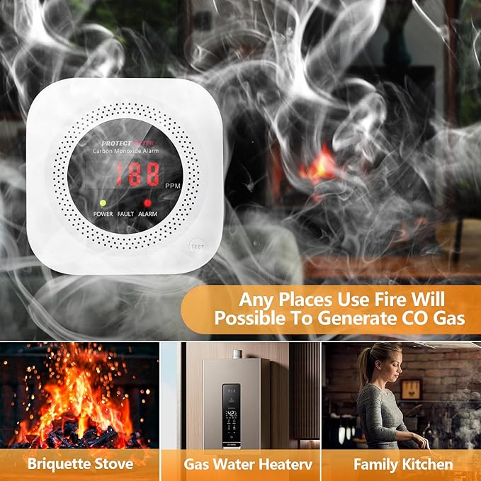 Carbon Monoxide Detectors, 3Pack 4-in-1 Natural Gas Leak Detector & Temperature/Humidity Monitor