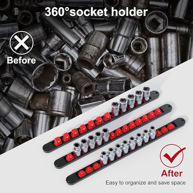 FivePears 3PCS 360° Socket Organizer Twist Lock,3/8 1/4 1/2 Socket Storage Rails, Premium Quality Socket Holders for Tool Box ，Tool Carts，Contains up to 40 Clips (Blue, Red and Black)