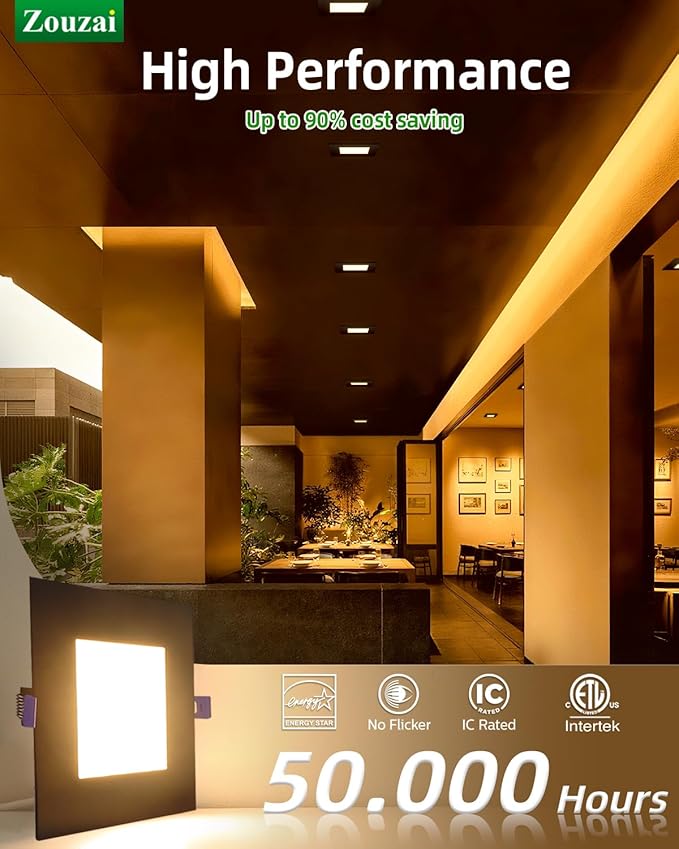 zouzai Square Led Recessed Lighting,5CCT Ultra Thin Square Led Ceiling Light with Junction Box,CRI90,2700K-5000K Selectable,Dimmable Canless Downlight,ETL and Energy Star (Black【12 Pack】, 6 Inch)