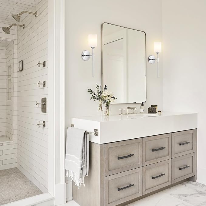 Modern Wall Sconce Set of 2 White Cylinder Glass Shades Mid Century Bathroom Vanity Wall Light Fixtures Industrial Wall Lamp for Bedroom Mirror Living Room Restaurant(Chrome Color)