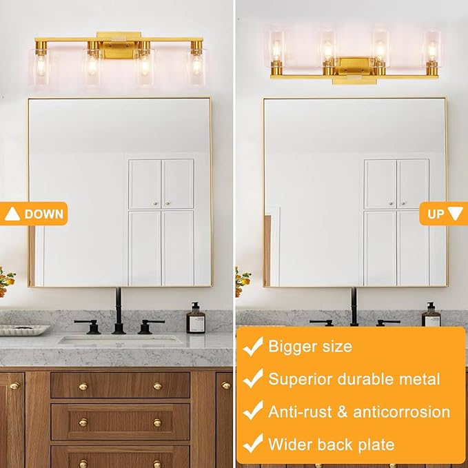 Brushed Gold Bathroom Light fixtures, Gold Vanity Light with Clear Glass Shades,Living Room Bedroom Hallway,Bathroom Lights Fixtures Over Mirror