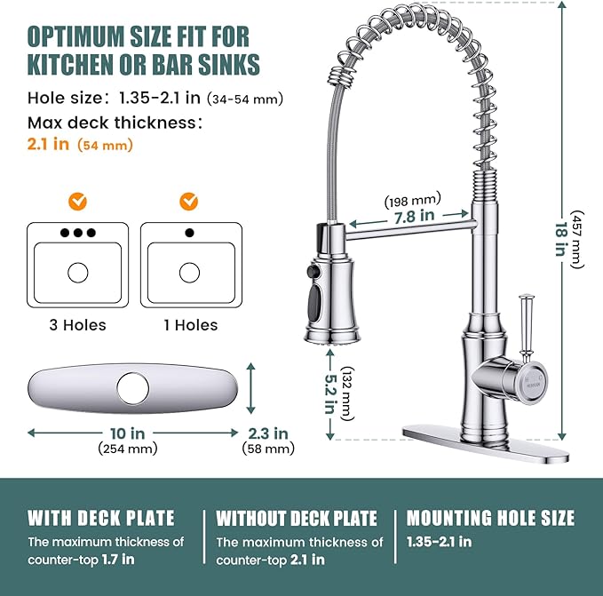 Kitchen Faucet with Pull Down Sprayer, Hurran Commercial Stainless Steel Kithcen Faucets, Single Handle Spring Faucets for Kitchen Sink, Sink Faucet for Farmhouse Wet Bar or RV, Chrome